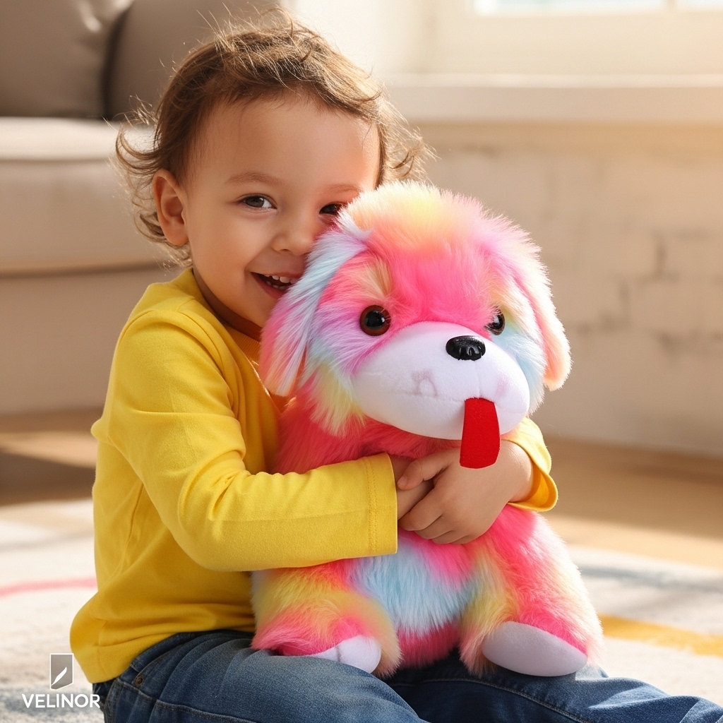 Velinor cuddly puppy soft toy being held by a child.