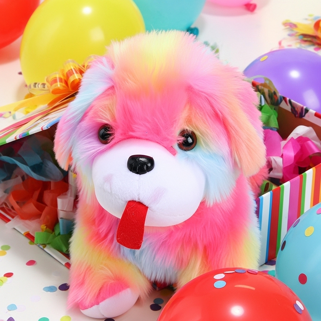 A colorful Velinor teddy bear soft toy sitting playfully.